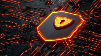 Poster - 3d glowing shield with keyhole on circuit board represents digital security tech background
