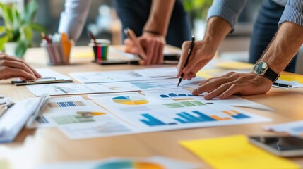 Poster - Team members collaborate on business strategy by analyzing data and charts during a meeting in a modern office space