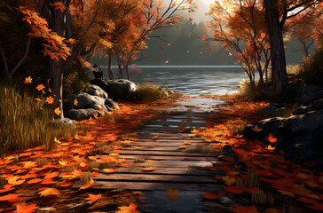 Wall Mural - autumn leaves on a path near a forest, AI Generated