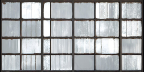 Wall Mural - Seamless old abandoned warehouse or factory building facade backdrop. Transparent broken cracked industrial frosted glass windows texture. Large commercial urban windowpane background 3D rendering.