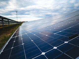 Close-up view of a solar cell farm power plant, showcasing eco-technology