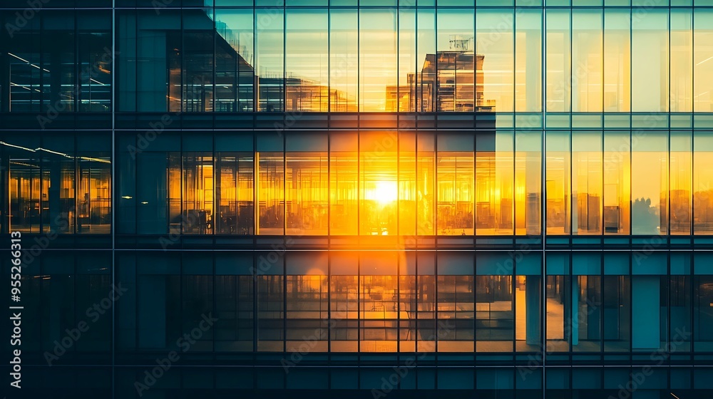 Sunset light reflecting off the windows of a modern glass building ...