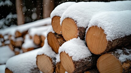 Pile of firewood logs with snow on top, stored outdoors for winter use, with the snow contrasting against the rough texture of the wood, creating a seasonal scene