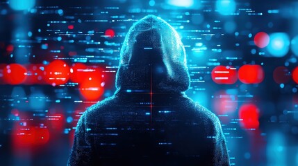 Poster - A mysterious figure in a hoodie surrounded by digital data and vibrant lights, highlighting themes of technology and anonymity.