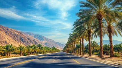 Scenic view of date palm trees beside an asphalt road, with a mountainous horizon and a bright blue sky in the background, ideal for travel and nature themes