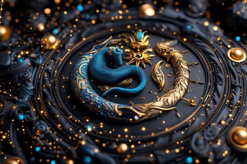 Wall Mural - zodiac signs as alchemical symbols, illustrated in a scene where each zodiac sign is depicted as an 