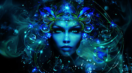 Mystical female figure with glowing blue and green elements, surrounded by cosmic details.