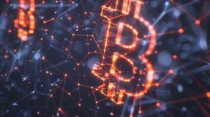 Poster - abstract glowing Bitcoin symbol on dark network connection technology cryptocurrency background