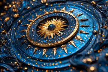Wall Mural - Zodiac signs in a celestial mandala, illustrated in a detailed scene where the zodiac signs form a mandala, with each sign radiating energy and light from the center, symbolizing the balance