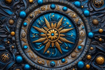 Wall Mural - Zodiac signs in a celestial mandala, illustrated in a detailed scene where the zodiac signs form a mandala, with each sign radiating energy and light from the center, symbolizing the balance