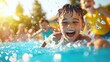 © Phakawan - Joyful children splashing in a vibrant swimming pool on a hot summer day, capturing the essence of fun, laughter, and carefree moments under the sun.