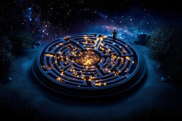Wall Mural - zodiac signs in a cosmic labyrinth, illustrated in a scene where each zodiac sign is part of a labyr