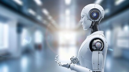 Poster - white artificial intelligence humanoid robot stands in futuristic setting technology background copy space