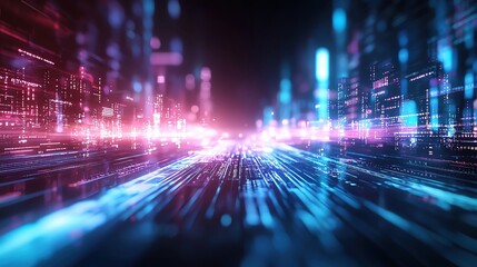 Poster - A vibrant digital landscape with flowing light trails in blue and pink hues, representing technology and innovation.