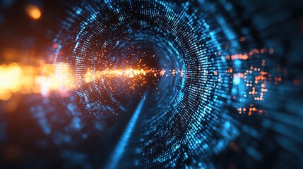 Poster - Abstract data tunnel with glowing particles, representing digital transformation and futuristic technology.
