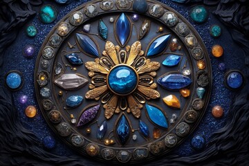 Wall Mural - zodiac signs with their associated crystals, depicted in a scene where each zodiac sign is paired wi