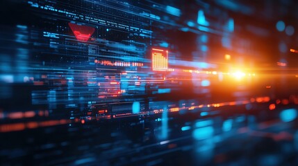 Poster - Abstract digital landscape with vibrant lines of light and data streams, representing technology and innovation.