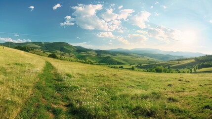 Poster - A beautiful, open field with a clear blue sky and a few clouds