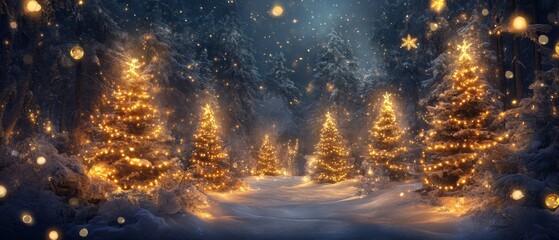 Wall Mural - Magical forest with christmas trees and glowing lights