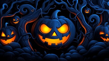 A spooky Halloween scene featuring glowing jack-o'-lanterns surrounded by twisted trees and dark clouds.