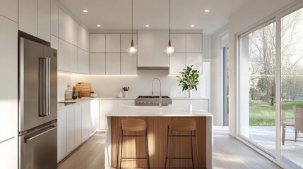 A light Scandinavian kitchen with minimalist white furniture and natural wood countertops bathed in soft daylight from large windows creating an open and airy feel