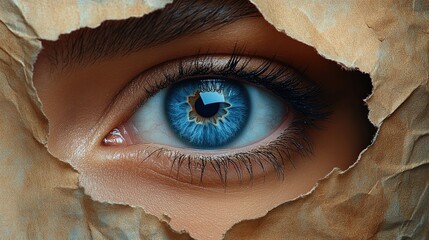 A close-up of a blue eye looking through a hole in a piece of brown paper.