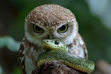 Sticker - A Spotted Owl with a Green Snake Wrapped Around Its Neck