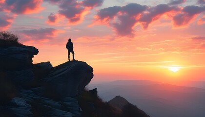 夕阳下的山顶，独自站立的人影映衬着多彩的天空与山脉。