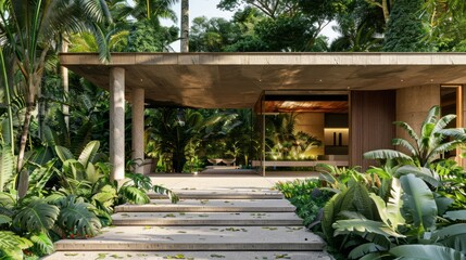 Poster - A house with a large porch and a walkway leading to it