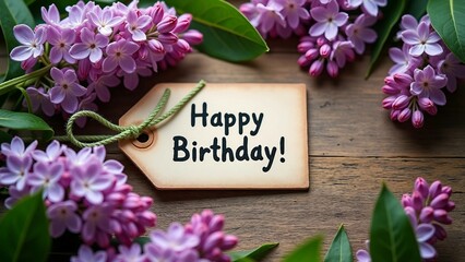  Birthday greeting card with lilac flowers on rustic background