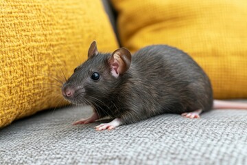 Poster - A Black Rat Resting on a Gray Couch with Yellow Pillows