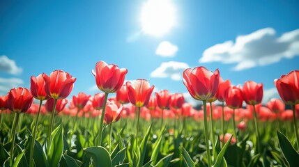 vibrant field of red tulips basking in the bright sunlight under a clear blue sky, symbolizing the beauty of spring, renewal, and the joy of nature.