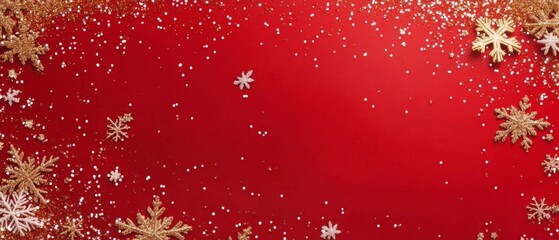 Wall Mural - red christmas background with snowflakes and gold sequins