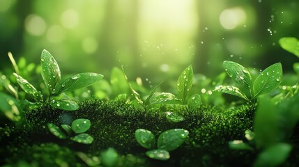  Fresh green leaves covered in dew, bathed in soft morning light. The close-up view emphasizes the vibrancy, purity, and natural beauty of the plants.