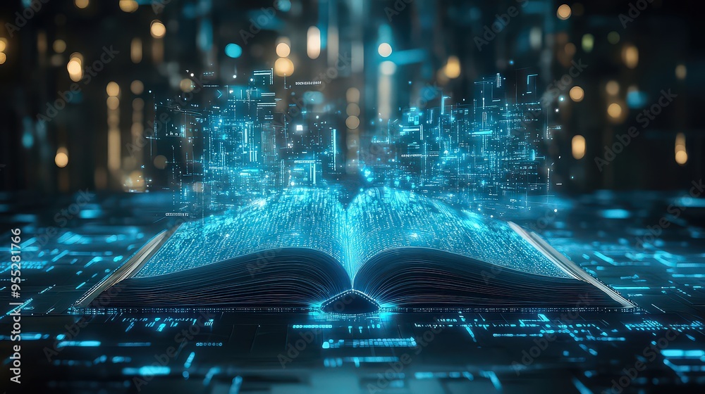 digital book with holographic elements emerging from its pages ...
