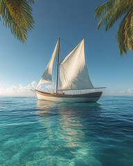 A sailboat is floating in the ocean with a clear blue sky in the background