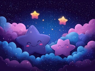 Wall Mural - Cute pastel purple frame with a background of stars, dots, and clouds. 