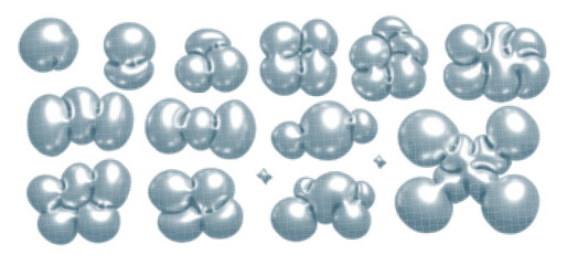 Poster - Liquid chrome babble molecule elements set in dotted halftone style. Bubble metal shapes, abstract silver droplets and metallic blobs. Molten titanium reflective surface fluid illustration. Vector.