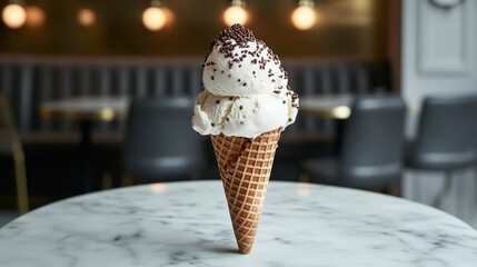 Two scoops of vanilla ice cream in a waffle cone with chocolate sprinkles, sitting on a marble table in a cafe.