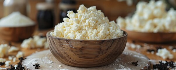 A wooden bowl filled with a generous serving of freshly crumbled cheese sits on a rustic table, surrounded by scattered cheese pieces and kitchen ingredients