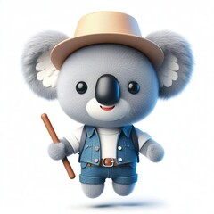 Wall Mural - a cute 3d fluffy Koala teddy bear character with cool hat, white background