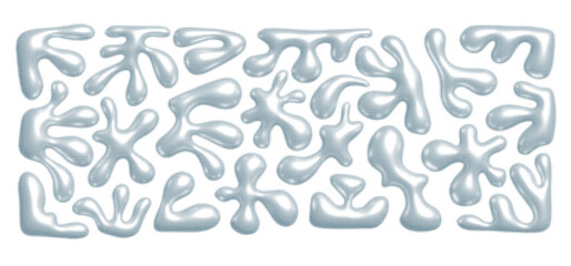 Poster - Chrome 3D liquid metal elements set in dotted halftone style. Wavy metal shapes. Abstract organic forms, elements design for futuristic chrome visuals and retro 3D design projects. Isolated vector