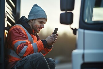 Smiling worker texting on phone during sunset