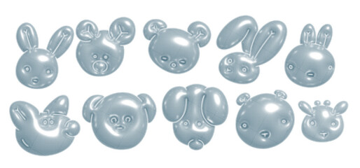 Poster - Abstract metallic bubbles in shape of animals muzzles on a transparent background in dotted halftone style. y2k chrome prop Design. Flowing glowing spheres. Vector 3d imitating illustration.