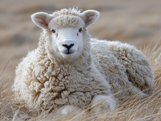 A serene image of a fluffy white sheep resting peacefully on a bed of dry, golden grass in a calm, natural environment with a blurred background