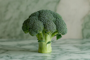 Wall Mural - A fresh broccoli head displayed on a marble surface.