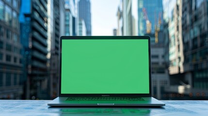 laptop with green screen with buildings background. mockup concept