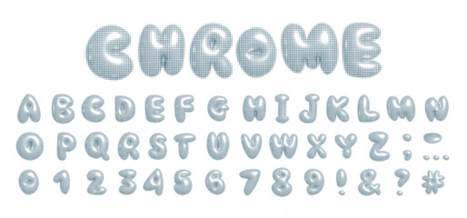 Fototapete - 3D font with fluid abstract bubble shapes of dripping liquid melted white metal in y2k dotted halftone style. Set of isolated alphabet letters and numbers for typography design. Vector illustration.