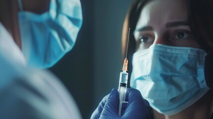 Poster - A woman is holding a syringe with a needle in it