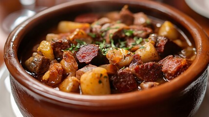 A dish of callos a la madrilena, a traditional tripe stew with chorizo and morcilla, served in a rustic clay pot